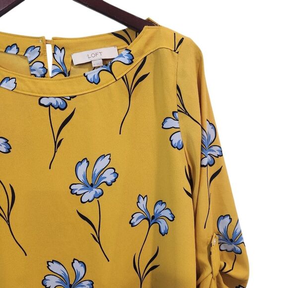 Loft Lilly Roll Tab Floral Blouse Yellow Blue Long Sleeve XS - Picture 3 of 7